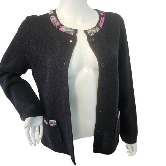 Pendleton Black Wool Knit Cardigan Womens M Pink Silk Trim Long Sleeve Vintage - Picture 2 of 10